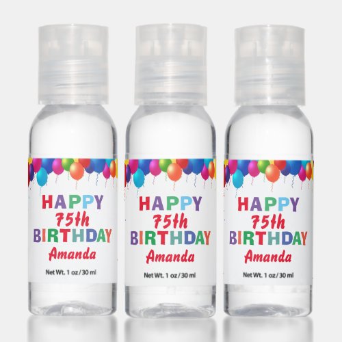 Happy 75th Birthday Colorful Balloons Confetti Hand Sanitizer