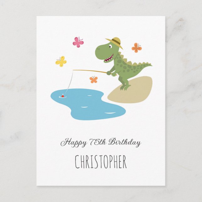 Happy 75th Birthday Cute Cartoon Dinosaur Fishing Postcard (Front)