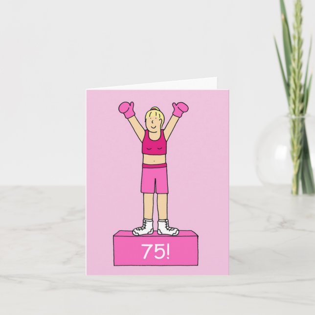 Happy 75th Birthday Lady Boxer in Pink Card (Front)