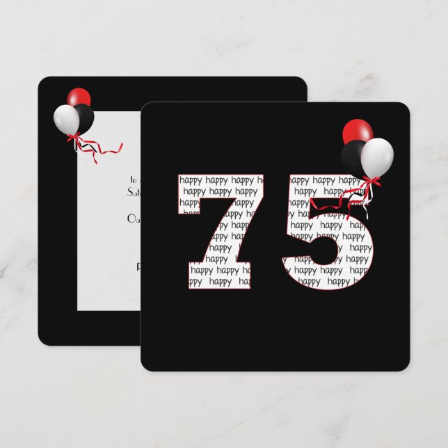 Happy 75th Birthday On Black Invitation (Front/Back)