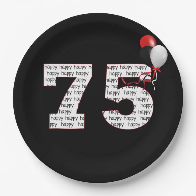 Happy 75th Birthday On Black Paper Plate (Front)