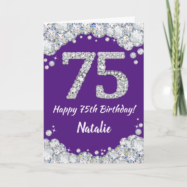 Happy 75th Birthday Purple and Silver Glitter Card (Front)