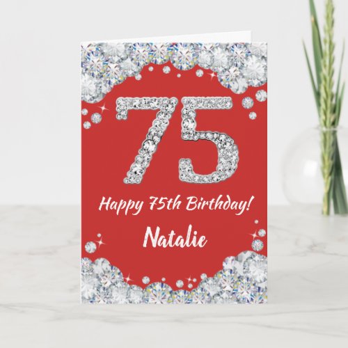 Happy 75th Birthday Red and Silver Glitter Card