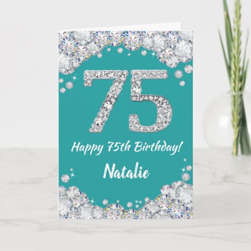 Happy 75th Birthday Teal and Silver Glitter Card