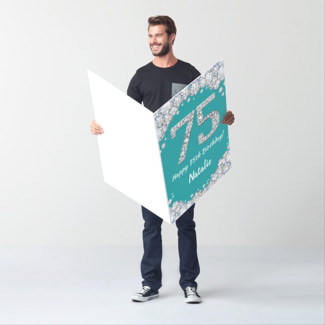 Happy 75th Birthday Teal and Silver Glitter Jumbo Card (In Situ)