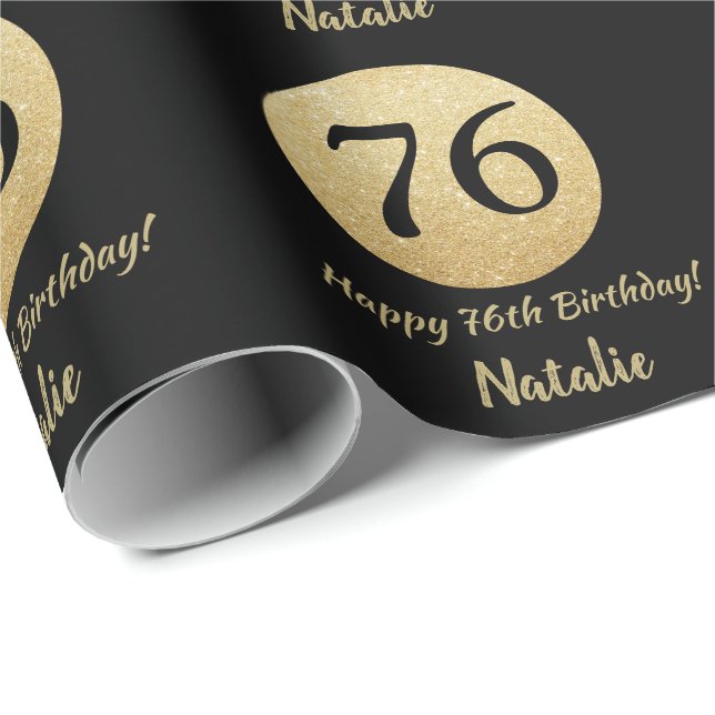 Happy 76th Birthday Black and Gold Glitter Wrapping Paper (Roll Corner)