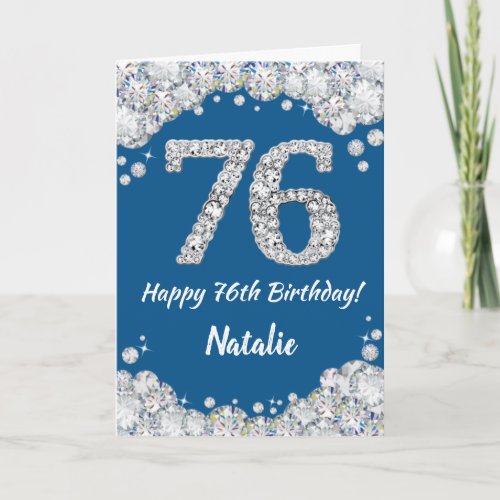 Happy 76th Birthday Blue and Silver Glitter Card