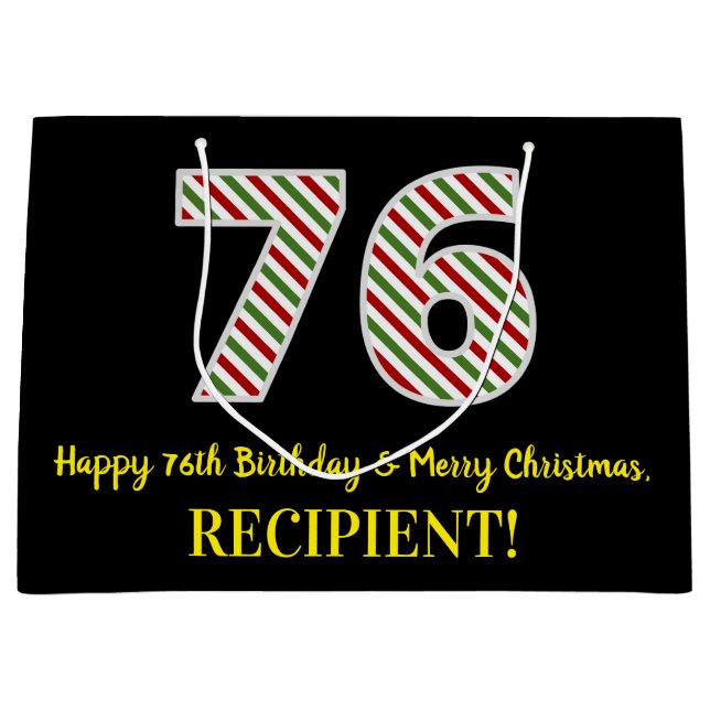 Happy 76th Birthday & Merry Christmas, Custom Name Large Gift Bag (Front)