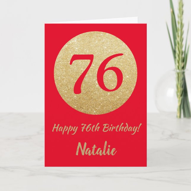 Happy 76th Birthday Red and Gold Glitter Card (Front)