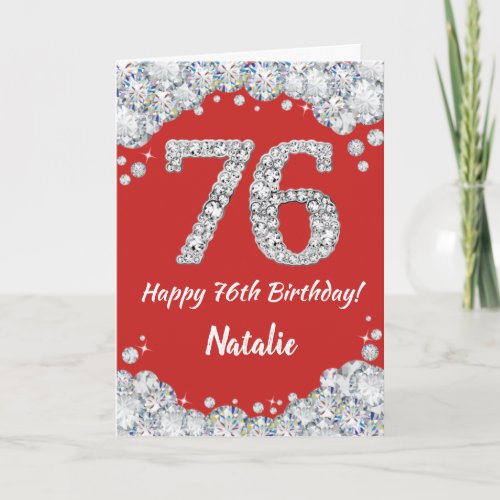 Happy 76th Birthday Red and Silver Glitter Card