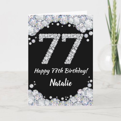 Happy 77th Birthday Black and Silver Glitter Card