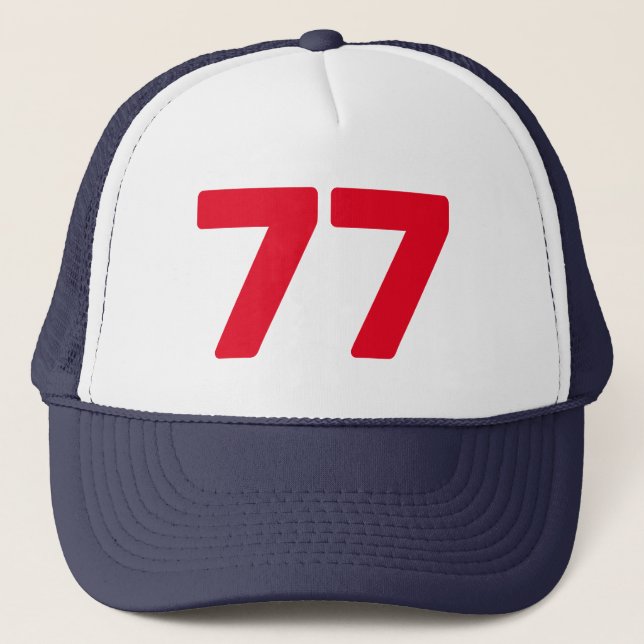 Happy 77th Birthday party trucker hat with age (Front)