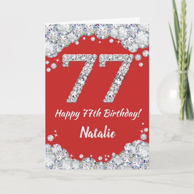 Happy 77th Birthday Red and Silver Glitter Card (Front)