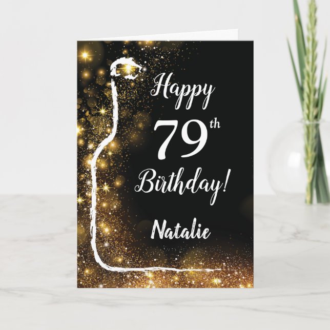 Happy 79th Birthday Black and Gold Glitter Wine Card (Front)