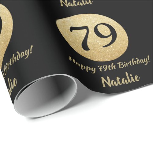 Happy 79th Birthday Black and Gold Glitter Wrapping Paper
