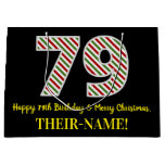 [ Thumbnail: Happy 79th Birthday & Merry Christmas, Custom Name Gift Bag ]