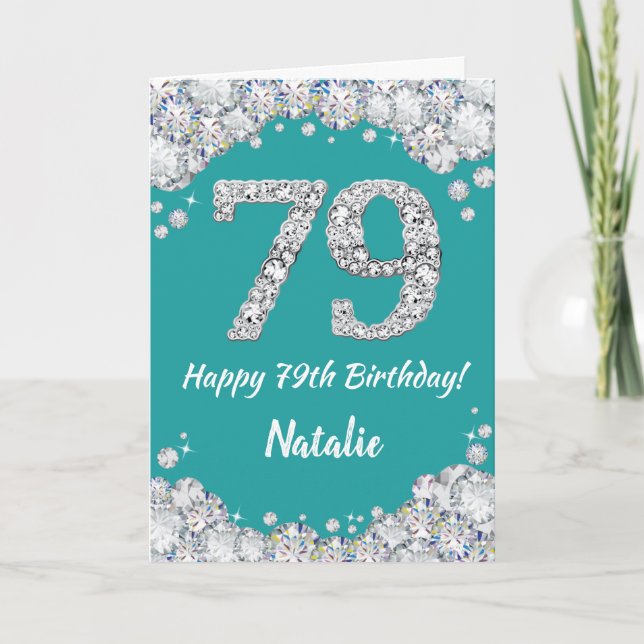 Happy 79th Birthday Teal and Silver Glitter Card (Front)