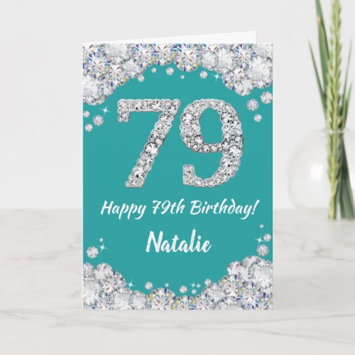 Happy 79th Birthday Teal and Silver Glitter Card