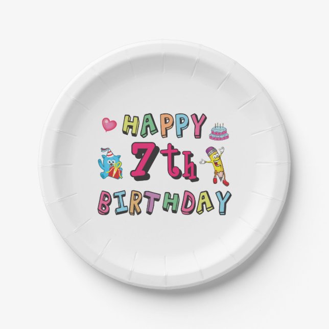 Happy 7th Birthday. 7 year old. Paper Plates (Front)