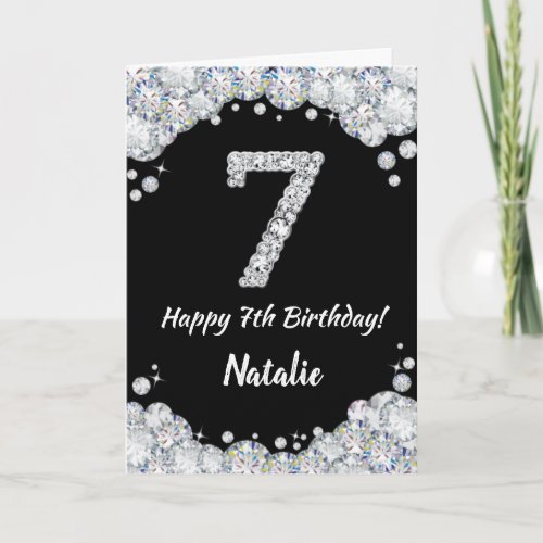 Happy 7th Birthday Black and Silver Glitter Card