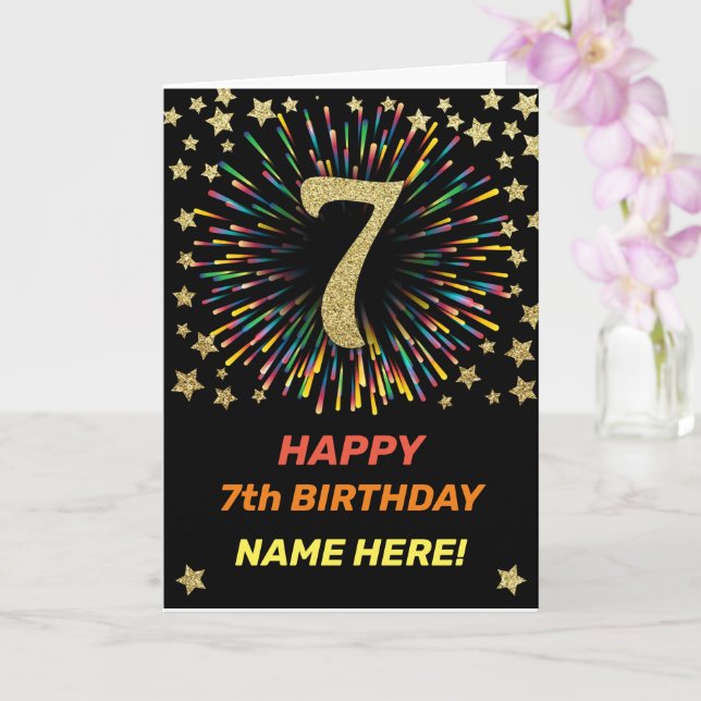 Happy 7th Birthday Black & Gold Rainbow Firework Card (Orchid)