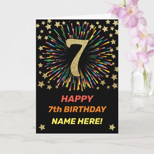 Happy 7th Birthday Black  Gold Rainbow Firework Card