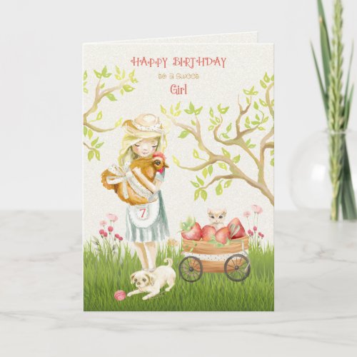 Happy 7th Birthday for Girl Rooster Dog and Cat Card