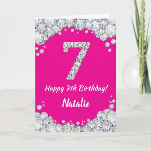 Happy 7th Birthday Hot Pink and Silver Glitter Card