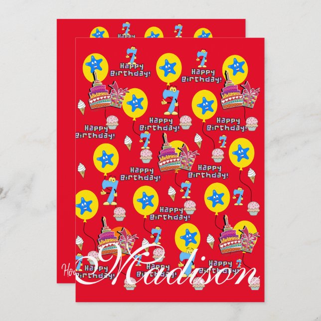 Happy 7th Birthday Invitation Birthday #7 Red (Front/Back)