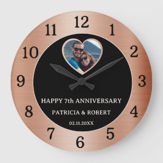 Happy 7th Copper Wedding Anniversary Heart Photo   Large Clock
