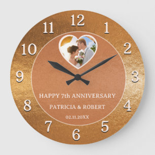 Happy 7th Wedding Anniversary Heart Photo Copper  Large Clock