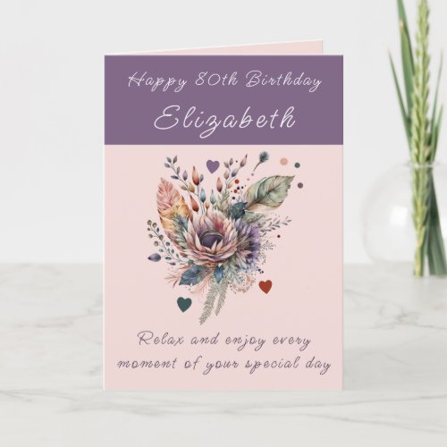 Happy 80th Birthday add name floral purple Card