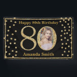 Happy 80th Birthday Banner Black and Gold Photo<br><div class="desc">Happy 80th Birthday Banner Black and Gold Glitter Confetti with custom photo. Printable Digital. For further customization,  please click the "Customize it" button and use our design tool to modify this template.</div>