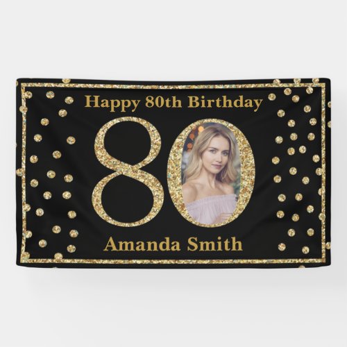 Happy 80th Birthday Banner Black and Gold Photo
