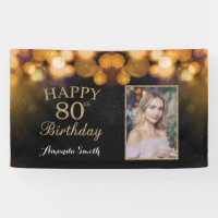 Happy 80th Birthday Banner. Gold Glitter Photo