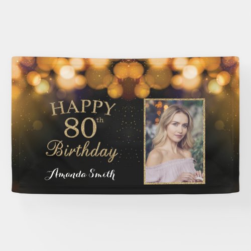 Happy 80th Birthday Banner Gold Glitter Photo Banner