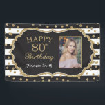 Happy 80th Birthday Banner. Gold Glitter Photo Banner<br><div class="desc">Happy 80th Birthday Banner for women or man. Black and Gold Birthday Party Banner. Gold Glitter Confetti. Black and White Stripes. Printable Digital. For further customization,  please click the "Customize it" button and use our design tool to modify this template.</div>
