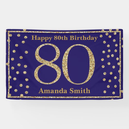 Happy 80th Birthday Banner Navy Blue Gold Glitter