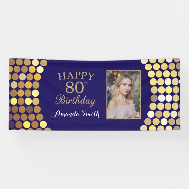 Happy 80th Birthday Banner. Navy Blue Gold Photo Banner (Horizontal)