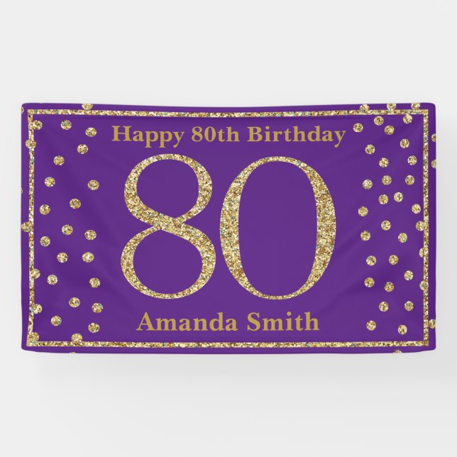 Happy 80th Birthday Banner Purple and Gold Glitter (Horizontal)