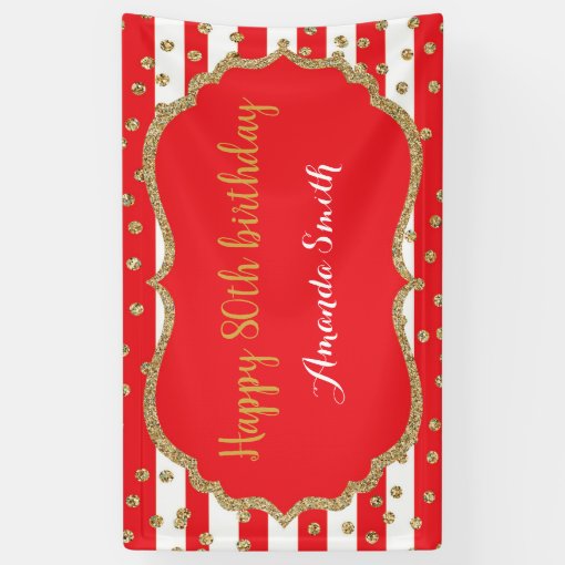 Happy 80th Birthday Banner Red And Gold Glitter Zazzle