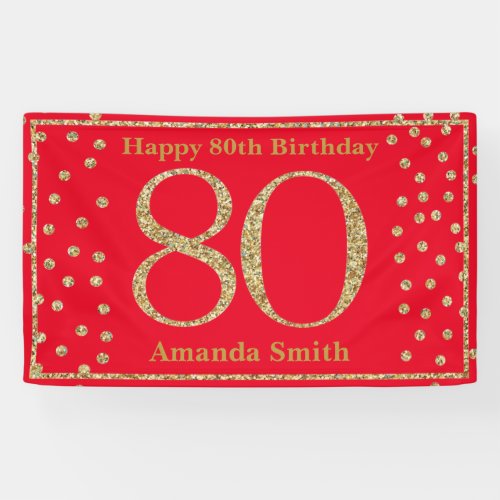 Happy 80th Birthday Banner Red and Gold Glitter