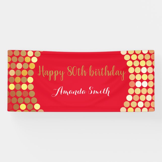 Happy 80th Birthday Banner Red Gold Glitter (Horizontal)