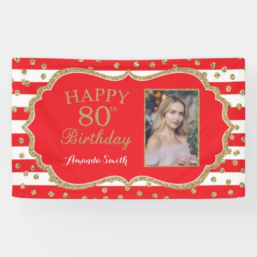 Happy 80th Birthday Banner Red Gold Glitter Photo