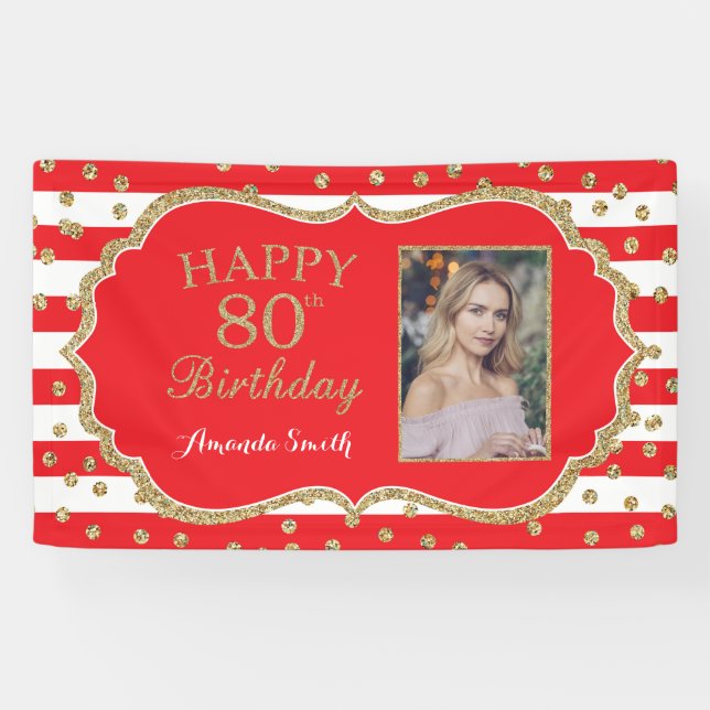 Happy 80th Birthday Banner Red Gold Glitter Photo (Horizontal)