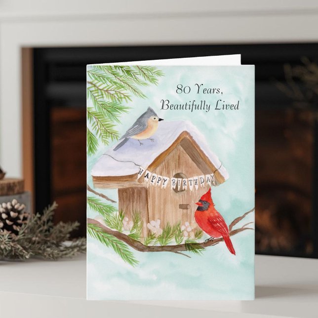  Happy 80th Birthday Birds at Birdhouse Card (Creator Uploaded)