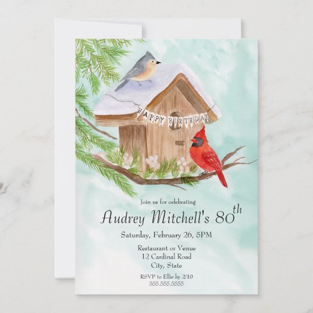  Happy 80th Birthday Birds at Birdhouse Invitation (Front)