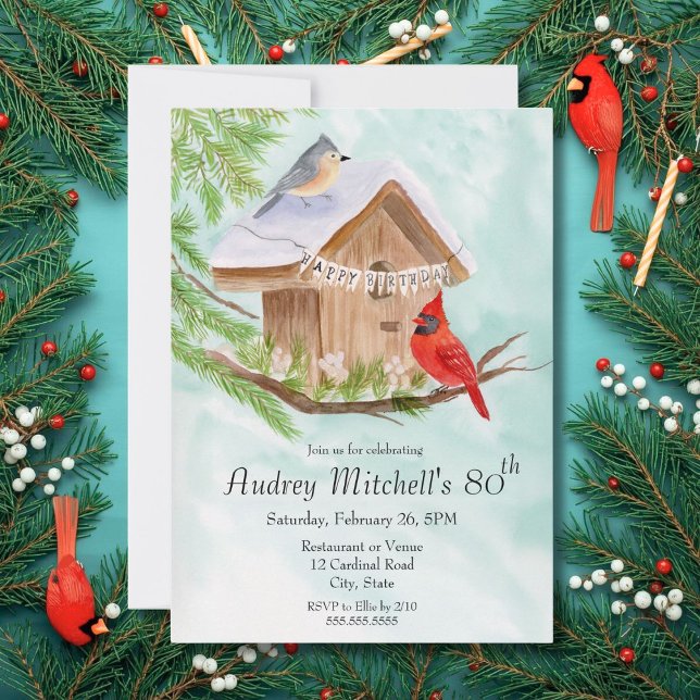  Happy 80th Birthday Birds at Birdhouse Invitation (Creator Uploaded)
