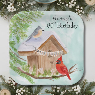  Happy 80th Birthday Birds at Birdhouse Paper Plates