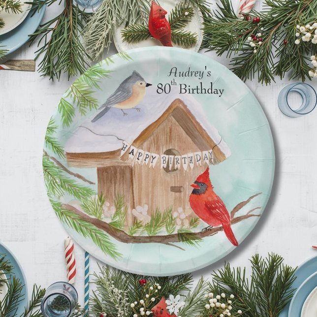  Happy 80th Birthday Birds at Birdhouse Paper Plates (Creator Uploaded)